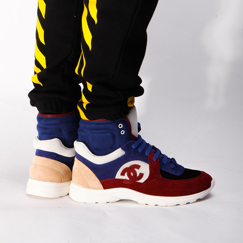 Ch*el calfskin & velvet high top sneaker in blue&red