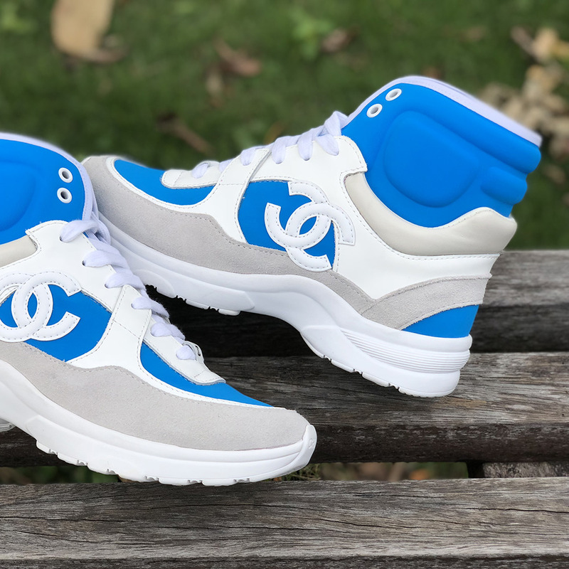 Ch*el high top sneakers in white and blue