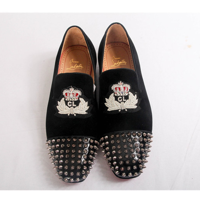 made to order!!! ch**an louboutin S*per perfect mens loafers harvanana spikes flannel black
