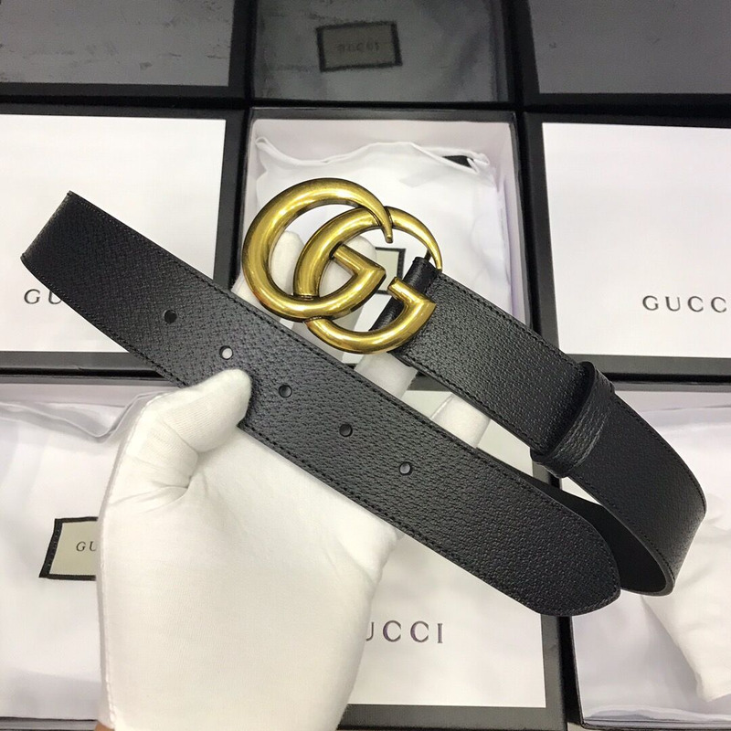G*u*i leather black belt with double g golden buckle