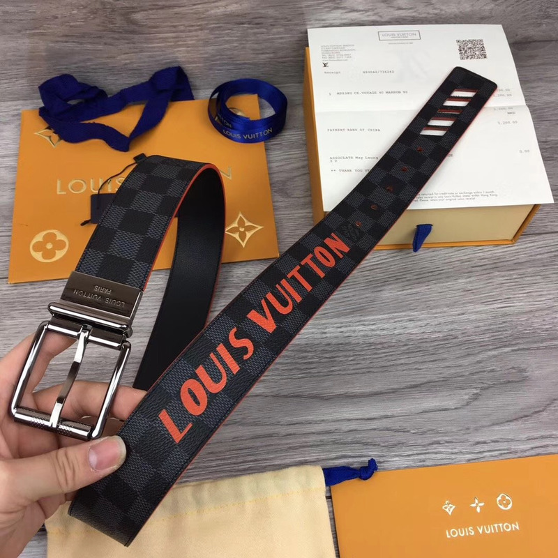 l**is V*t*n damier cobalt race print 40mm reversible belt in silver buckle